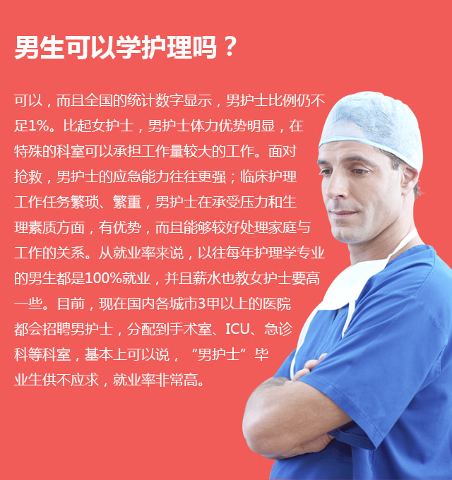 男生可以學(xué)護(hù)理嗎?可以，而且全國(guó)的統(tǒng)計(jì)數(shù)字顯示，男護(hù)士比例仍不足1%。比起女護(hù)士，男護(hù)士體力優(yōu)勢(shì)明顯，在特殊的科室可以承擔(dān)工作量較大的工作。面對(duì)搶救，男護(hù)士的應(yīng)急能力往往更強(qiáng);臨床護(hù)理工作任務(wù)繁瑣、繁重，男護(hù)士在承受壓力和生理素質(zhì)方面，有優(yōu)勢(shì)，而且能夠較好處理家庭與工作的關(guān)系。從就業(yè)率來說，以往每年護(hù)理學(xué)專業(yè)的男生都是100%就業(yè)，并且薪水也教女護(hù)士要高—些。目前，現(xiàn)在國(guó)內(nèi)各城市3甲以上的醫(yī)院都會(huì)招聘男護(hù)士，分配到手術(shù)室、ICU、急診科等科室，基本上可以說，“男護(hù)士”畢業(yè)生供不應(yīng)求，就業(yè)率非常高。