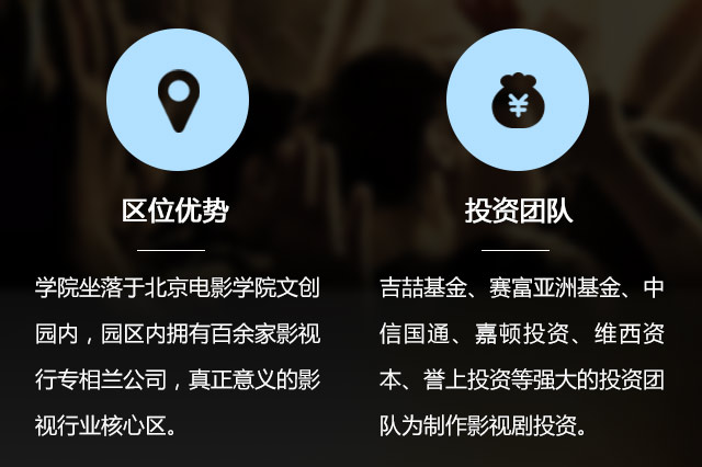 區(qū)位優(yōu)勢:學院坐落于北京電影學院文創(chuàng)園內，園區(qū)內擁有百余家影視行專相蘭公司，真正意義的影視行業(yè)核心區(qū)。投資團隊:吉喆基金、賽富亞洲基金、中信國通、嘉頓投資、維西資本、譽上投資等強大的投資團隊為制作影視劇投資。