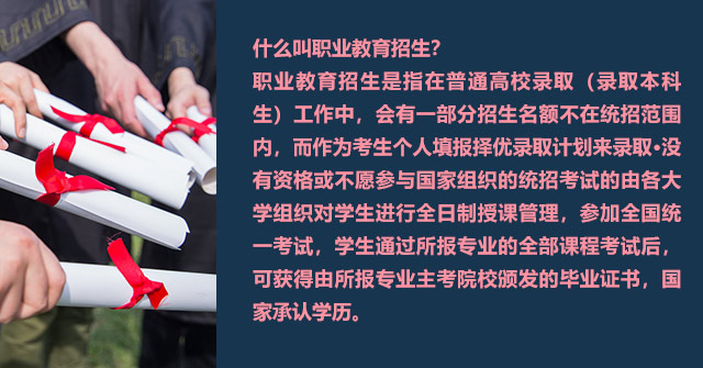 什么叫職業(yè)教育招生?職業(yè)教育招生是指在普通高校錄取(錄取本科生)工作中，會(huì)有一部分招生名額不在統(tǒng)招范圍內(nèi)，而作為考生個(gè)人填報(bào)擇優(yōu)錄取計(jì)劃來錄取·沒有資格或不愿參與國(guó)家組織的統(tǒng)招考試的由各大學(xué)組織對(duì)學(xué)生進(jìn)行全日制授課管理，參加全國(guó)統(tǒng)一考試，學(xué)生通過所報(bào)專業(yè)的全部課程考試后,可獲得由所報(bào)專業(yè)主考院校頒發(fā)的畢業(yè)證書，國(guó)家承認(rèn)學(xué)歷。